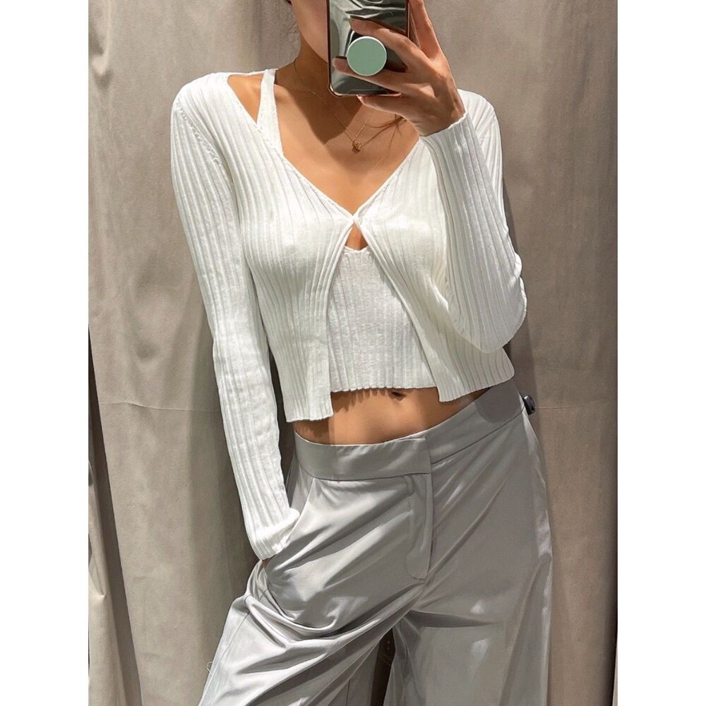 Zara White 2-in-1 Ribbed Knit Top & Connected Tank Set - Size S